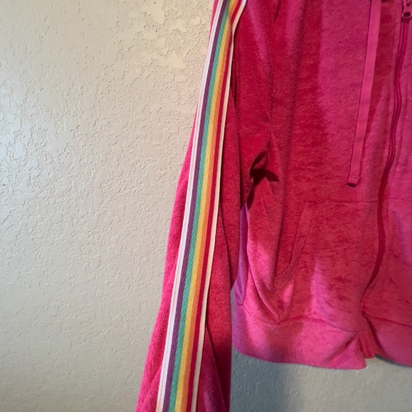 Vintage Style Bright Pink Zip-Up Hoodie with Rainbow Stripes - Picture 6 of 7